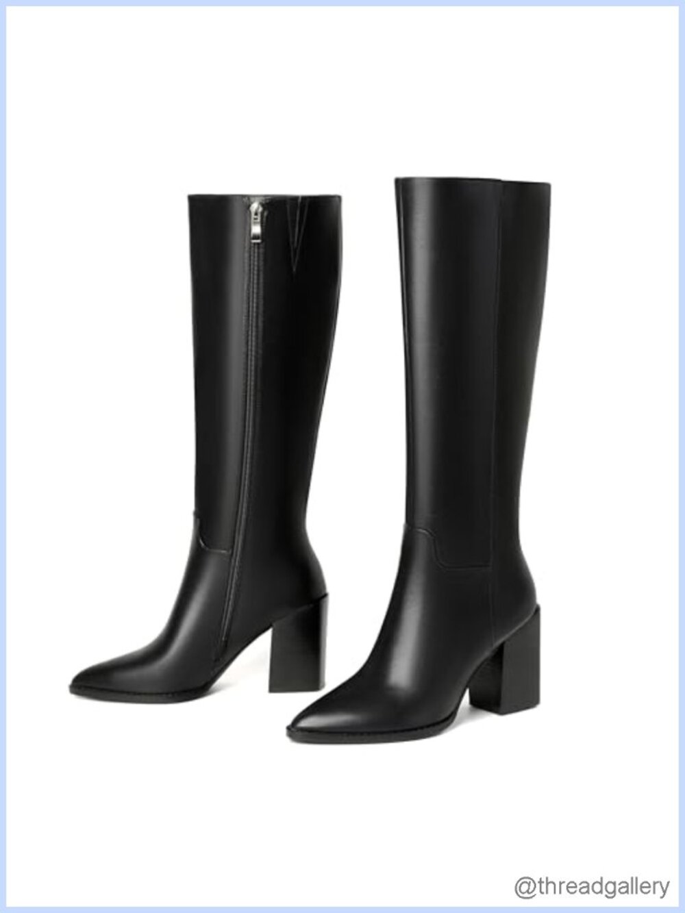 Faux Leather Knee-High Boots Pointed Toe Block Heel Side Zipper